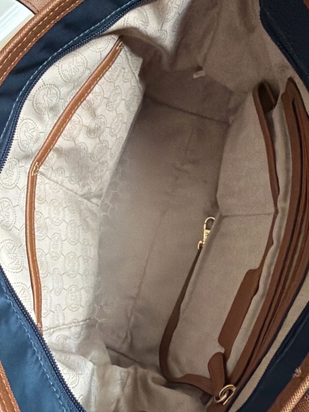 Michael Kors Navy Nylon Tote with Brown Leather Trim - Picture 2 of 4
